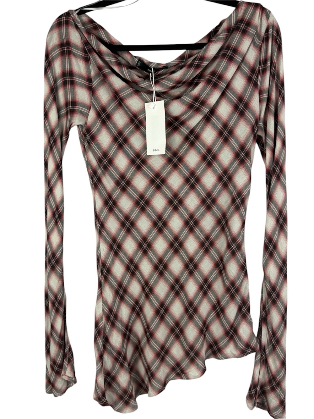 MANGO NWT Blusa 234Tulipa Asymmetric Plaid Cowl Neck Long Sleeve Top XS